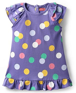 Babyhug Cotton Knit Raglan Half Sleeves Nighty with Polka Dot Print - Violet