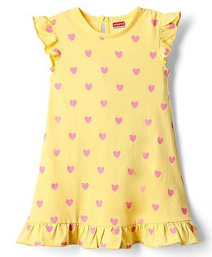 Babyhug Cotton Knit Frill Sleeves Nighty With Heart Print - Yellow