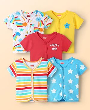 Babyhug 100% Cotton Interlock Knit Half Sleeves Front Open Vest with Stripe Design & Star Print Pack of 5 - Multicolor