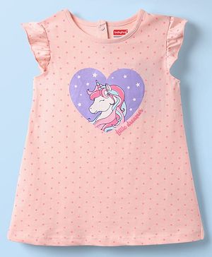 Babyhug Cotton Knit Frill Sleeves Nighty With Polka Dots & Unicorn Print - Pink