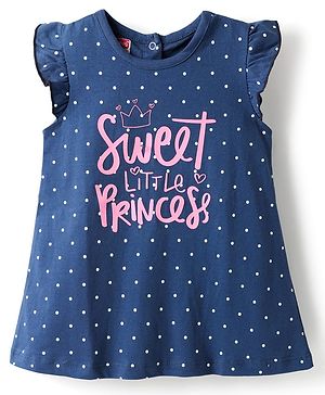Babyhug Cotton Knit Frill Sleeves Nighty With Text & Polka Dot Print - Navy Blue