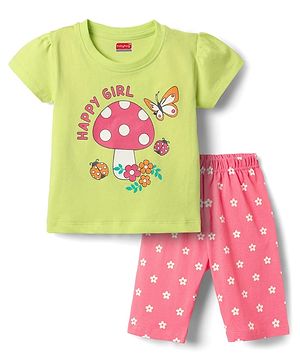 Babyhug Cotton Knit Half Sleeves Capri Night Suit With Floral Print - Green & Pink
