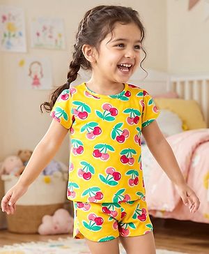 Babyhug Cotton Knit Half Sleeves Co-ords Short Night Suit With Tropical Print - Yellow