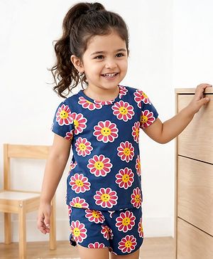 Babyhug Cotton Knit Half Sleeves Shorts Co-Ord Night Suit With Floral Print - Navy Blue