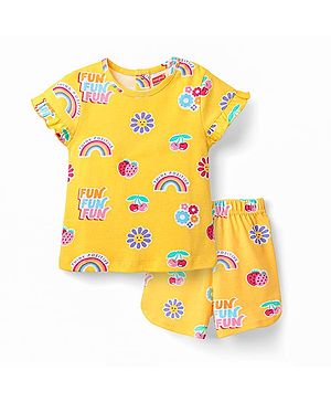 Babyhug Cotton Knit Half Sleeves Co-ords Short Night Suit With Floral Print - Yellow