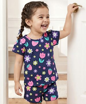 Babyhug Cotton Knit Half Sleeves Shorts Co-Ord Night Suit With Floral & Fruit Print - Navy Blue