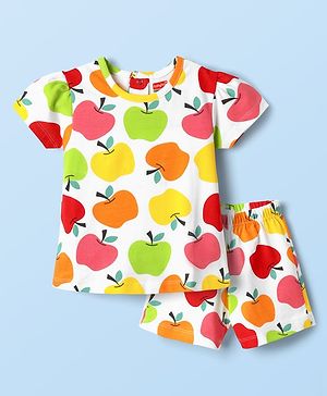 Babyhug Cotton Knit Half Sleeves Co-ords Shorts Night Suit With Tropical Theme Print - White