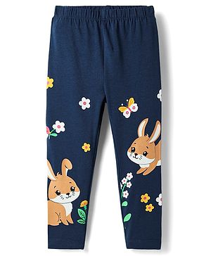 Babyhug Cotton Lycra Knit Full Length Leggings with Bunny Print - Navy Blue