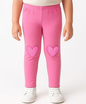 Babyhug Cotton Lycra Knit Full Length Leggings with Heart Embroidery - Pink