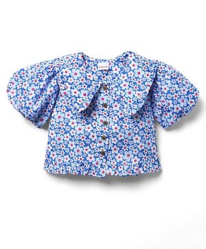 Babyhug Woven Half Puffed Sleeves Peter Pan Collared Crop Top with Floral Print - Blue
