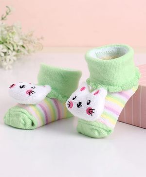 Cute Walk by Babyhug Socks With Stripes & Kitty Applique - Light Green