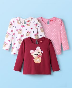 Babyhug Cotton Knit Full Sleeves T-Shirts With Bear & Polka Dot Print Pack of 3 - Pink & Maroon