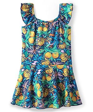 Babyhug Frill Sleeves Water Repellent Frock Swimsuit with Tropical Theme Print - Navy Blue