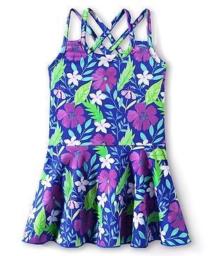 Babyhug Water Repellant Sleeveless Frock Swimsuit With Floral Print - Purple