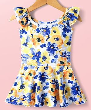 Babyhug Frill Sleeves Water Repellent Frock Swimsuit with Floral Print - White