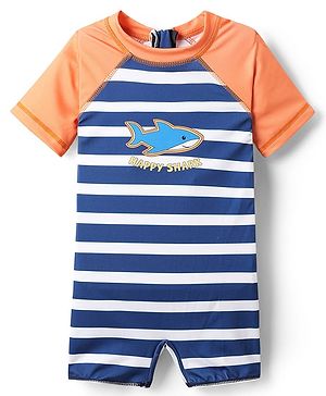 Babyhug Water Repellant Half Sleeves Legged Swimsuit With Stripes & Fish Print - Blue