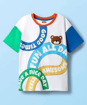 Babyhug 100% Cotton Knit Half Drop Shoulder Sleeves T-Shirt with Text Print - White