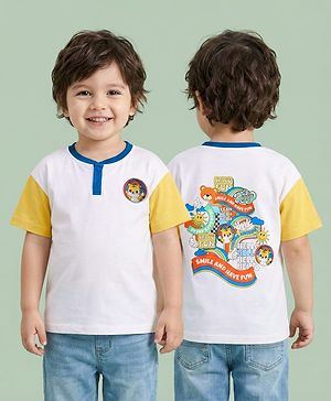 Babyhug 100% Cotton Knit Half Drop Shoulder Sleeves Henley T-Shirt with Front & Back Animal Print - White