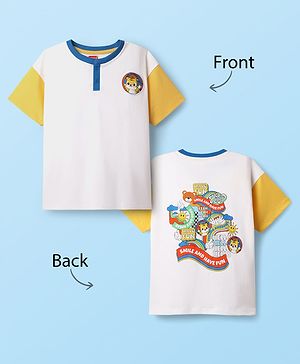 Babyhug 100% Cotton Knit Half Drop Shoulder Sleeves Henley T-Shirt with Front & Back Animal Print - White