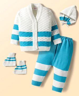 Babyhug Knit Full Sleeves Striped Front Open Sweater Set with Pair of Socks & Cap - Royal Blue & White