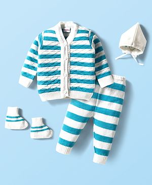 Babyhug Knit Full Sleeves Striped Front Open Sweater Set with Pair of Socks & Cap - Light Blue & White