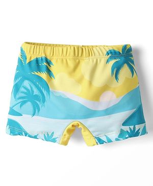 Babyhug Water Repellant Swimming Trunk With Tropical Theme Print - Yellow