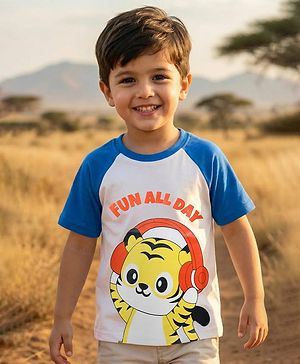 Babyhug 100% Cotton Knit Half Sleeves Raglan T-Shirt with Fun All Day Text Print - Blue & White