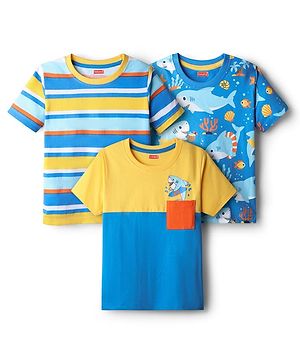 Babyhug 100% Cotton Knit Half Sleeves T-Shirts with Sea Life Print & Stripes Pack of 3 - Blue & Yellow