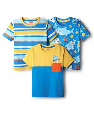 Babyhug 100% Cotton Knit Half Sleeves
                              T-Shirts with Sea Life Print & Stripes
                              Pack of 3 - Blue & Yellow