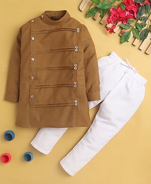 Jeet Ethnics Cotton Blend Full Sleeves Self Design Kurta Pyjama Set - Brown