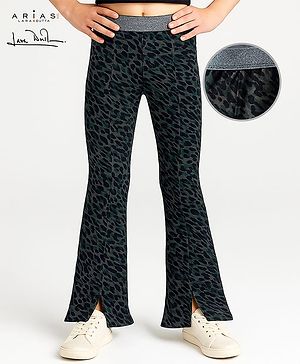 Arias Single Jersy Knit Cheetah Printed Leggings With Stretch & Lurex Waistband - Green