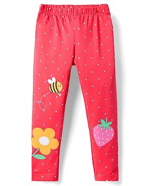 Babyhug Cotton Lycra Knit Full Length Leggings with Floral Fruit & Bee Print - Red