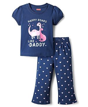 Babyhug Cotton Knit Half Sleeves Night Suit With Dino Print - Navy Blue