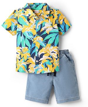 Babyhug Single Jersey Knit Half Sleeves Shirt & Shorts Set With Floral Print - Yellow & Light Blue