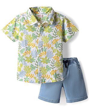 Babyhug Single Jersey Knit Half Sleeves Shirt & Shorts Set With Tropical Theme Print - Light Green & Light Blue