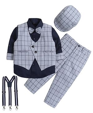 Lil' Homies Cotton Blend Full Sleeves 3 Piece Checked Party Suit Set With Cap Suspender & Bow - Grey