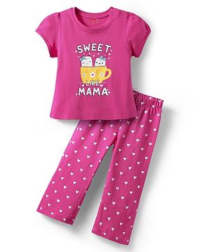 Babyhug Cotton Knit Half Sleeves Capri Night Suit With Text Print - Pink