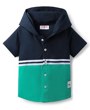 Babyhug Cotton Woven Half Sleeves Hooded Shirt with Cut & Sew Print - Navy Blue & Sea Green