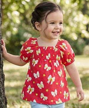 Babyhug 100 % Cotton Knit Puffed Sleeves Top with Smock Detailing & Bow Heart Print - Red