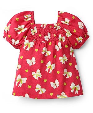 Babyhug 100 % Cotton Knit Puffed Sleeves Top with Smock Detailing & Bow Heart Print - Red