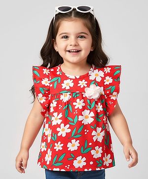 Babyhug 100% Cotton Knit Frill Sleeves Floral Printed Top - Red
