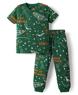 Babyhug Cotton Knit Half Sleeves Co-Ords Night Suit With Space Theme Print - Dark Green