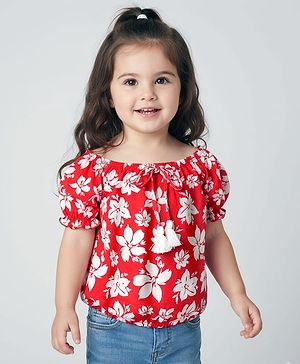 Babyhug 100% Cotton Knit Puffed Sleeves Top With Floral Print - Red