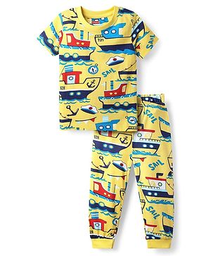 Babyhug Cotton Knit Half Sleeves Co-Ords Nightsuit With Nautical Theme Print - Yellow