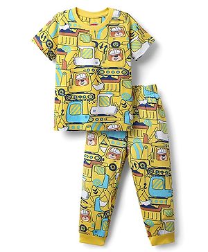 Babyhug Cotton Knit Half Sleeves Co-Ords Nightsuit With Vehicles Print - Yellow
