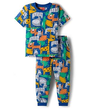 Babyhug Cotton Knit Half Sleeves Co-Ords Night Suit With Donuts & Cupcake Print - Blue