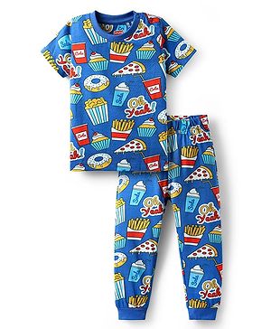 Babyhug Cotton Knit Half Sleeves Printed Co-Ord Night Suit - Blue