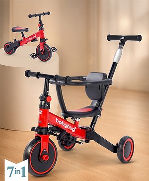 Babyhug 7 in 1 Baby Cycle Tricycle with Adjustable Parent Handle - Red