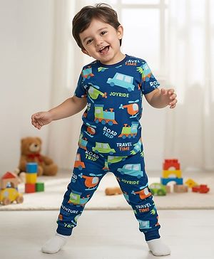 Babyhug Cotton Knit Half Sleeves Co-Ords Nightsuit With Helicopter Print - Navy Blue