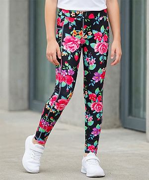 Pine Active Knit Full Length Super Stretch Leggings with Floral Print - Black